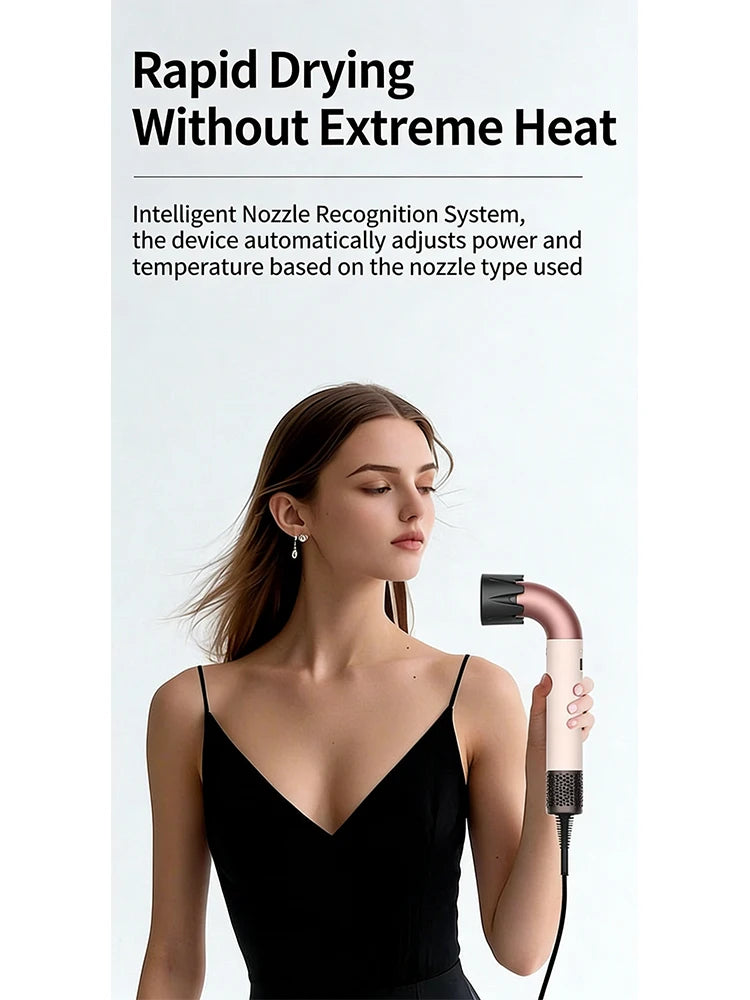 Rose gold curved-tube high-speed hair dryer with nozzle attachment for fast, professional styling and quick drying.