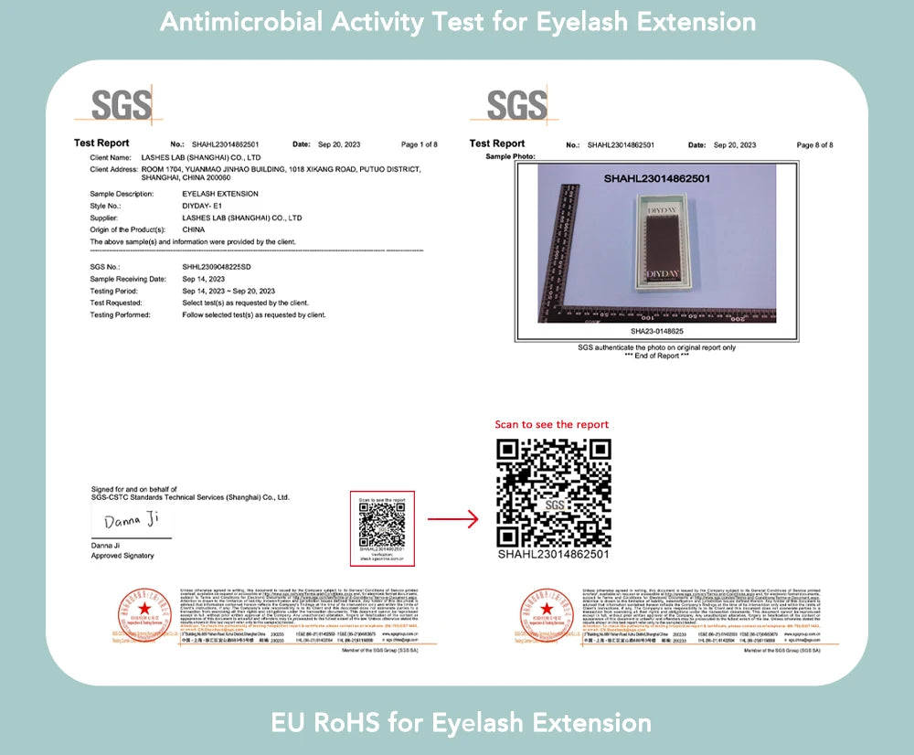 SGS Antimicrobial Test Report for DIYDAY black mink individual eyelash extension tray with QR code verification.