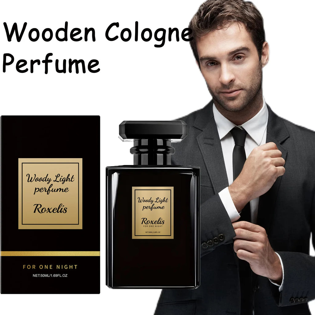 Roxelis Woody Light perfume for men, long-lasting woody fragrance in an elegant square black glass bottle.