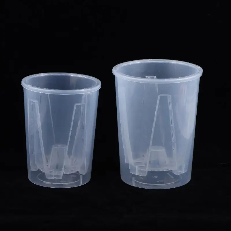 Transparent plastic self-watering planter pair with open top and inner reservoir