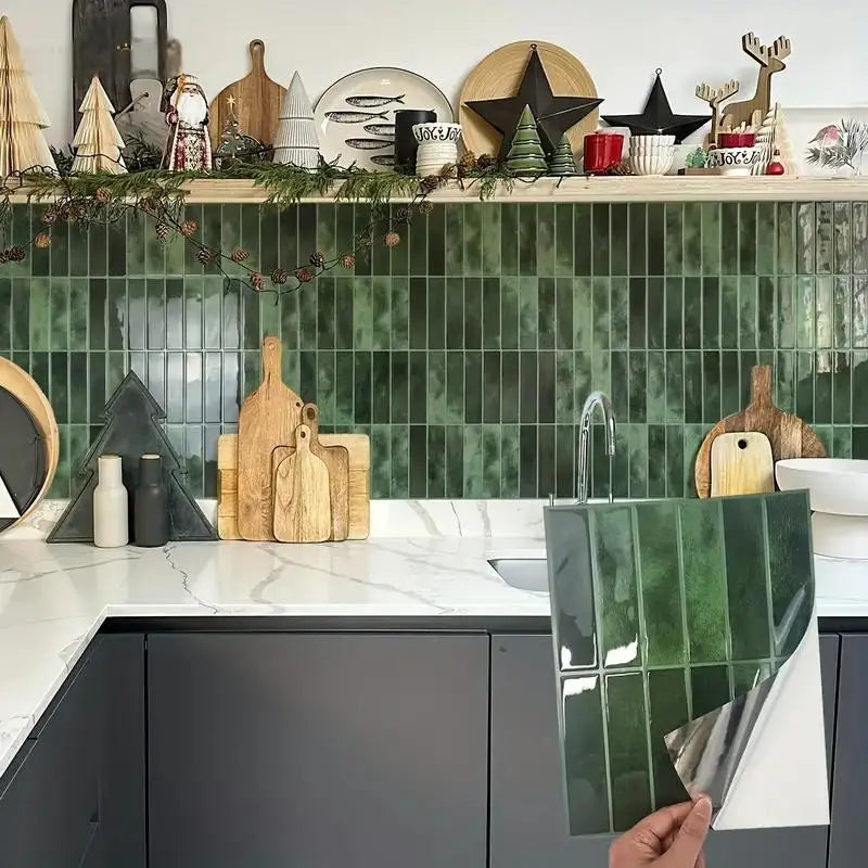 5-20 Pieces NewTile Sticker Self-adhesive Green Tile Backsplash Bathroom Wall Tile Sticker, Water and Mold Resistant, 22.9x29cm