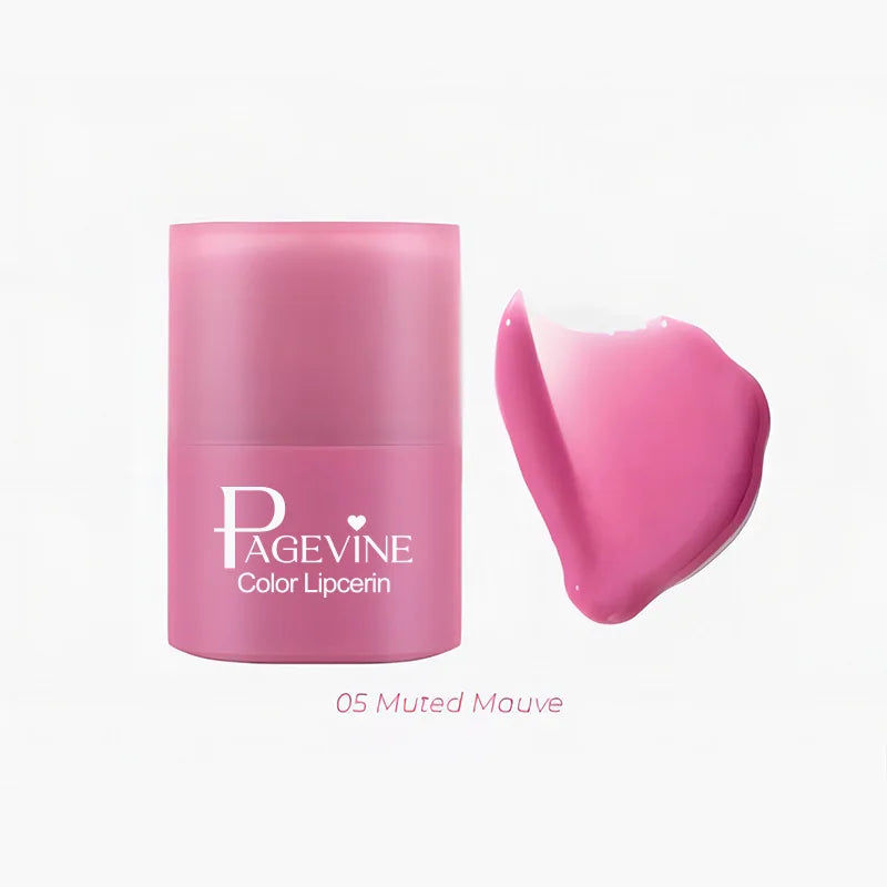 Pagevine twist-up hydrating lip balm in 05 Muted Mauve, a glossy, non-sticky tinted lip oil with a smooth texture.
