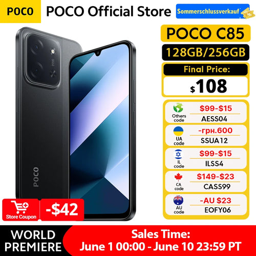 Black POCO C85 smartphone, front and rear view, 6.9-inch display, 50MP camera, Helio G81-Ultra, 128GB/256GB storage.