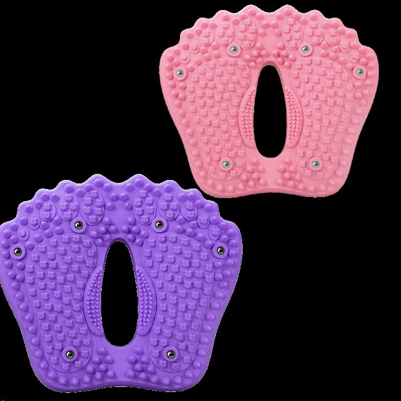 Two foot-shaped massage mats in pink and purple, featuring acupoint nubs and embedded magnetic stones.