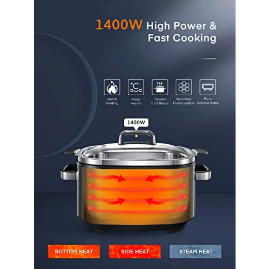 Silver slow cooker with 1400W fast cooking graphic and bottom, side, steam heat indicators