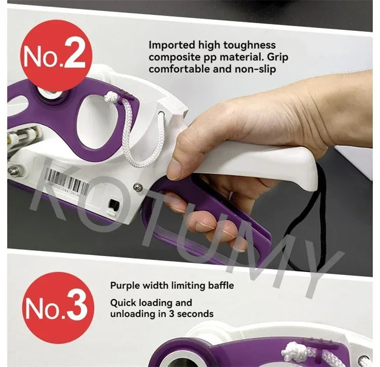 Purple-and-white handheld labeler with strap grip and label loading opening