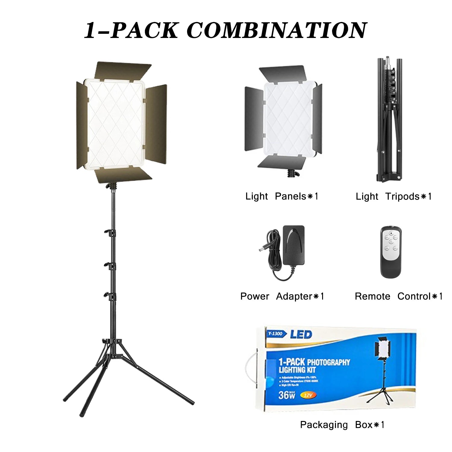 Photography lighting kit with one LED panel, adjustable tripod stand, power adapter, remote, and carrying box.