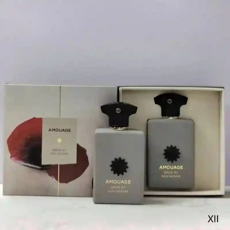 Amouage Opus XII Rose Incense EDP in rectangular grey bottle with box. Woody floral niche unisex fragrance.