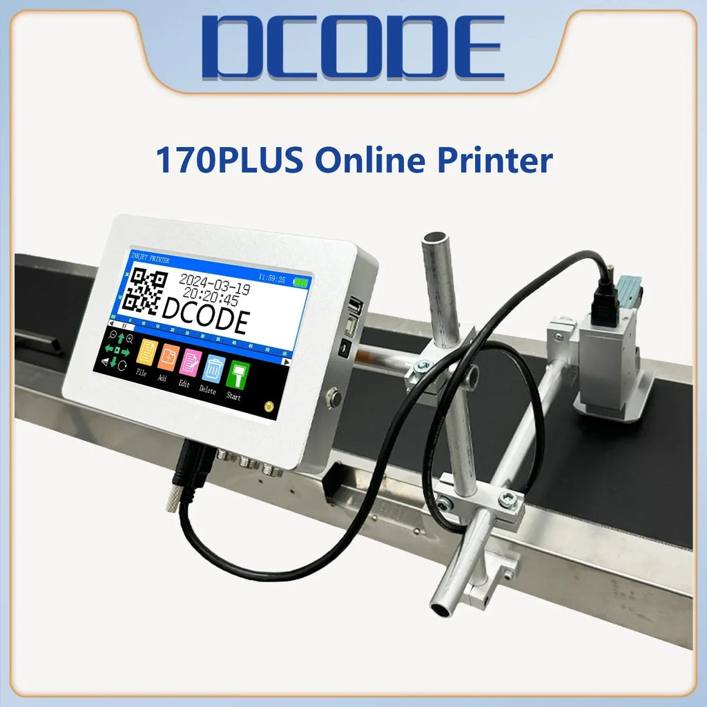 Online thermal inkjet printer with touchscreen display and label nozzle assembly on conveyor rail
