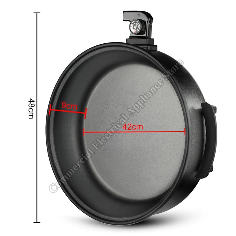 Electric non-stick hot pot size view: round pan with control, 42 cm width and 48 cm height.