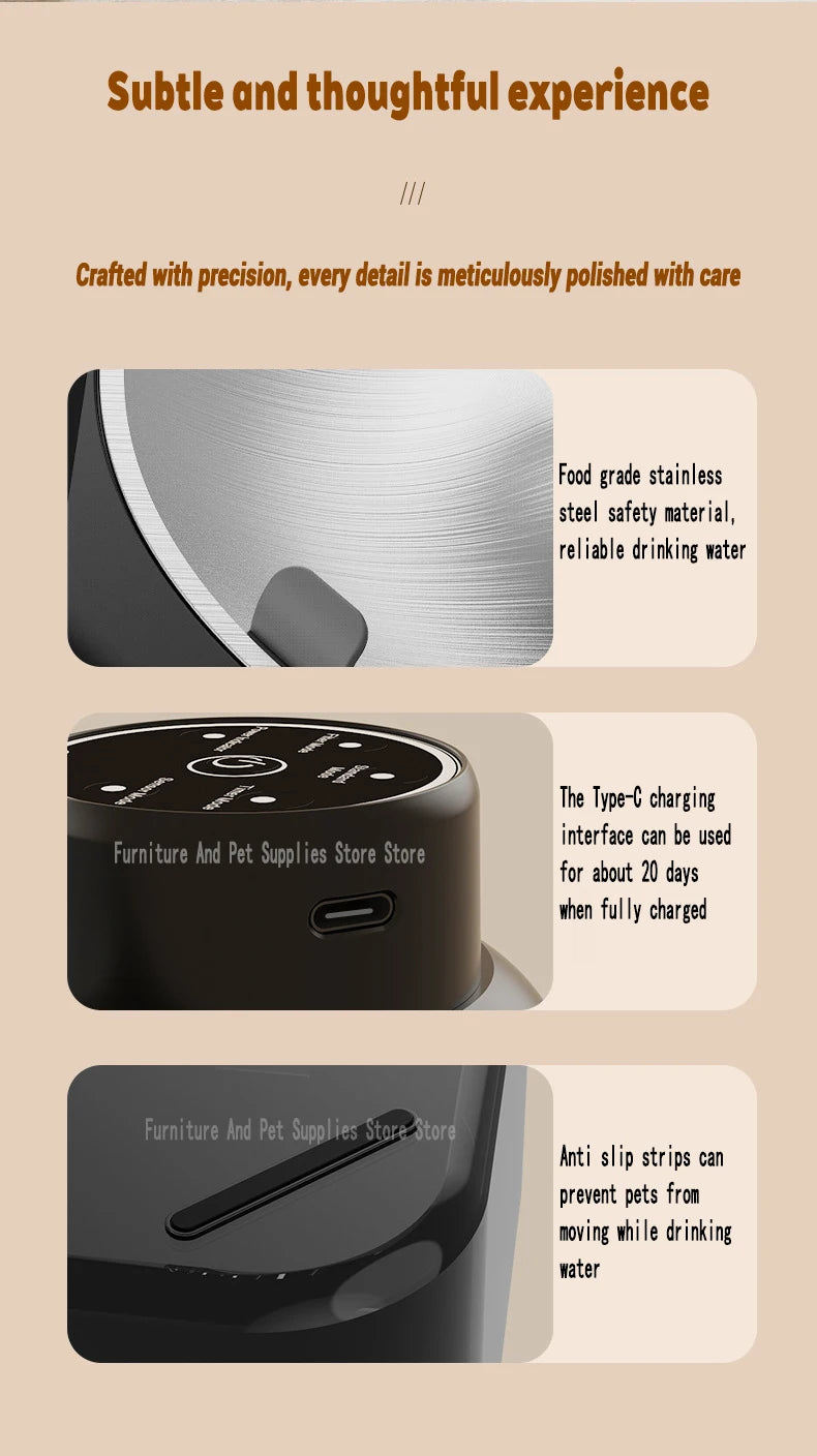 Wireless stainless steel cat water fountain with 3600mAh battery, Type-C charging, and anti-slip base for pets.