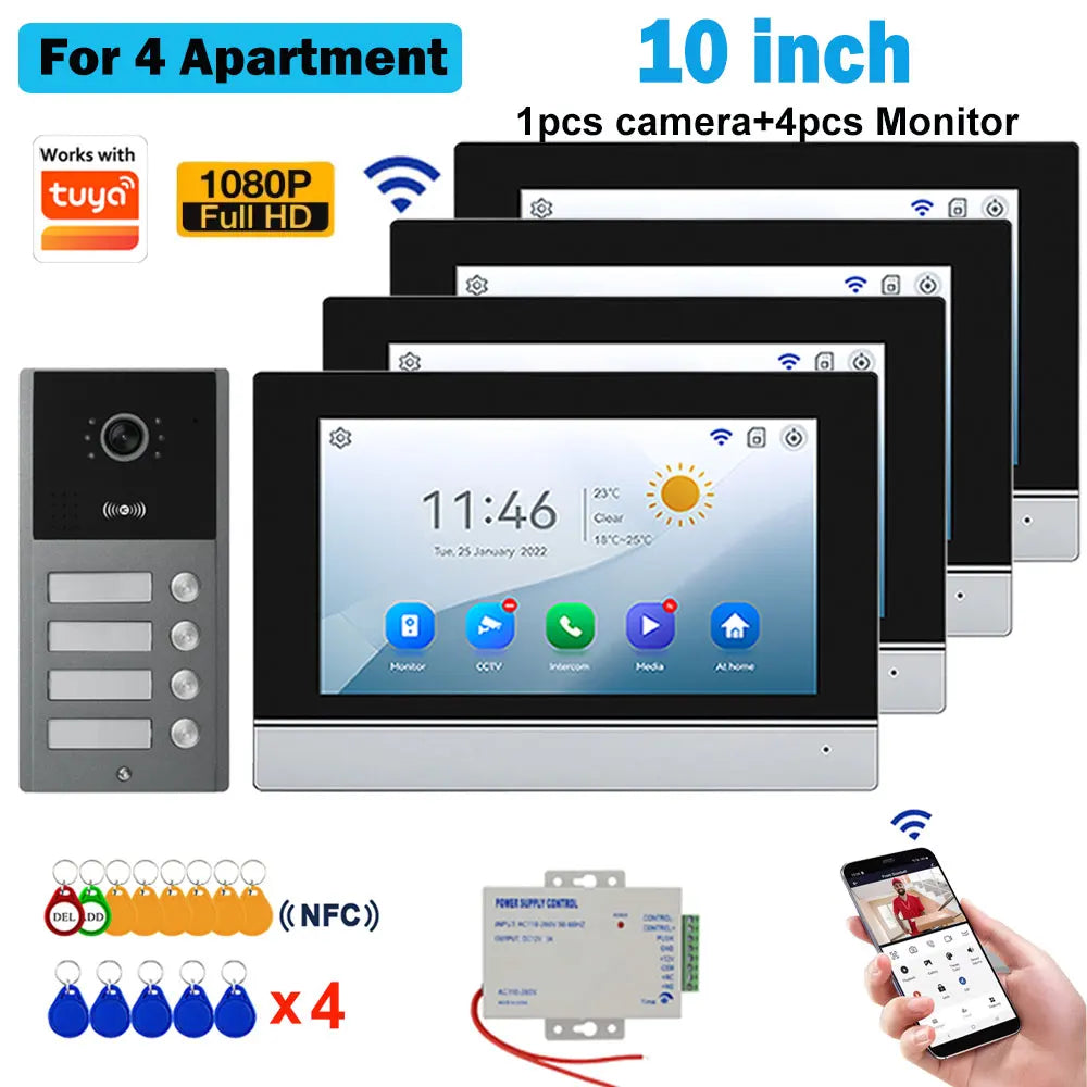 Video intercom system with multiple 10-inch touch monitors, one door panel, NFC key fobs