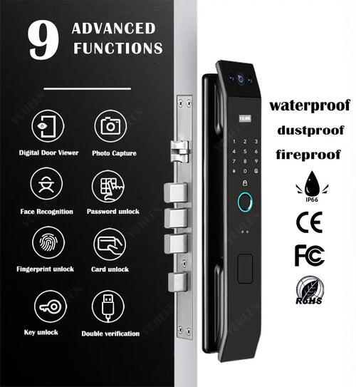 Smart door lock on door edge with keypad and fingerprint circle; IP66 protection icons