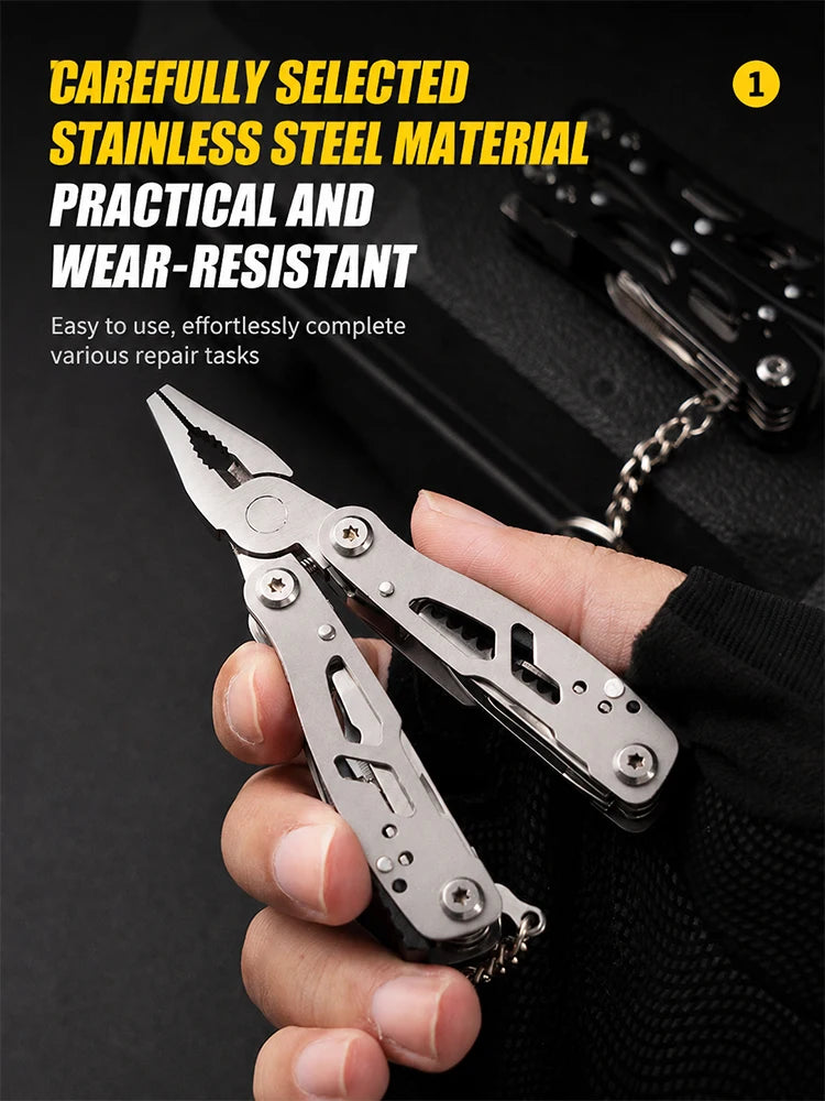 All-Steel Multi-Function Pliers Tool Foldable Pocket Keychain Knife Set with Bottle Opener Screwdriver for Outdoor Hiking