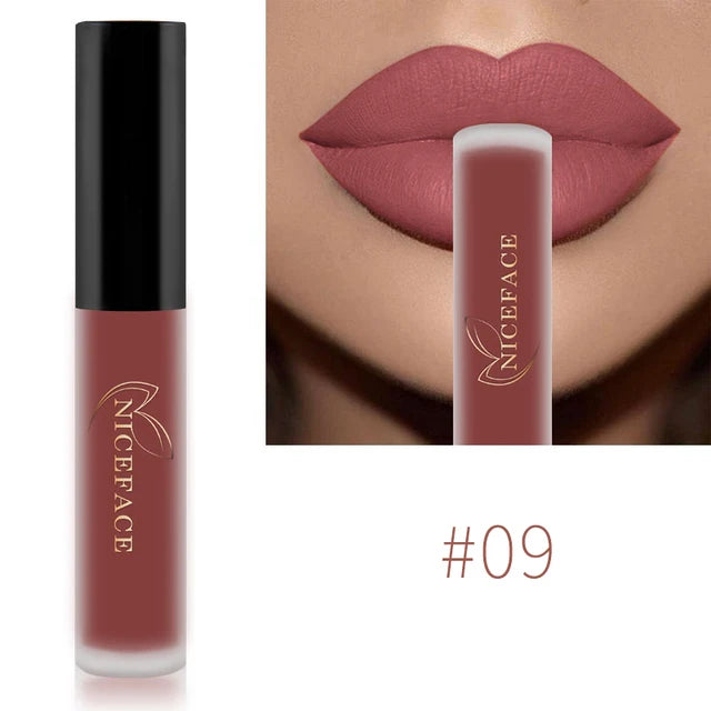 Niceface waterproof matte liquid lipstick in shade #09, featuring a long-lasting, dusty rose color and velvet finish.