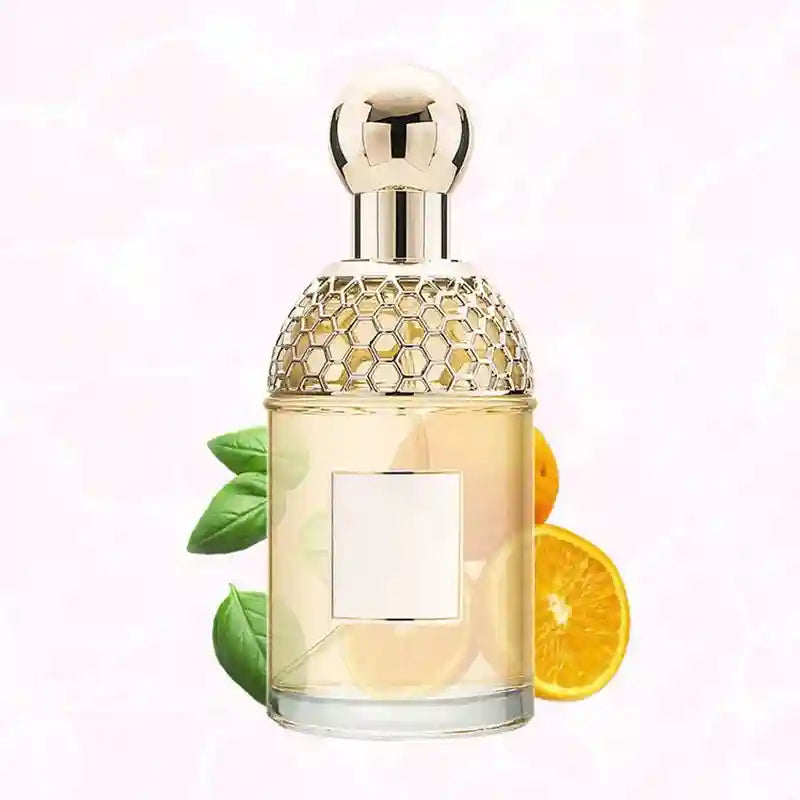 Flora Water women’s EDT: Floral fruity scent with orange and basil notes in a gold honeycomb 100ml glass bottle.