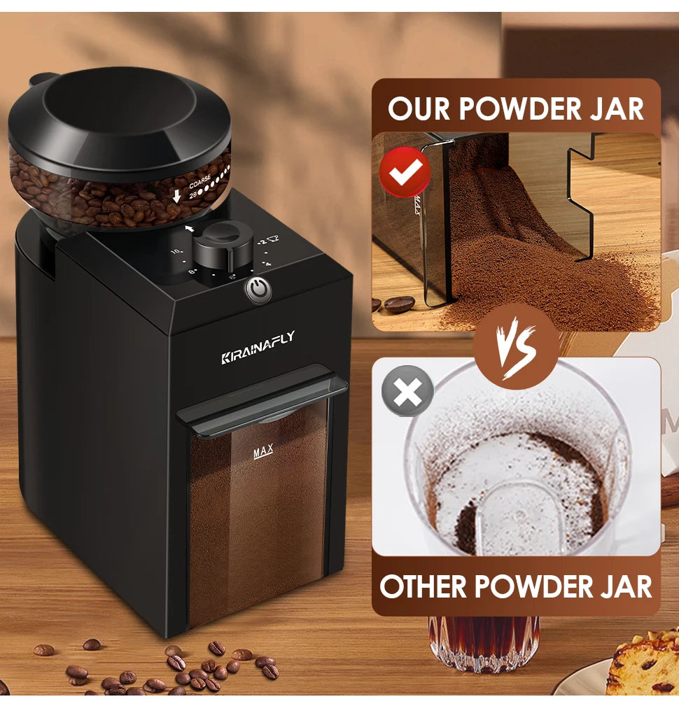 Kirainafly black electric coffee grinder with adjustable grind settings and easy-pour powder collection container.