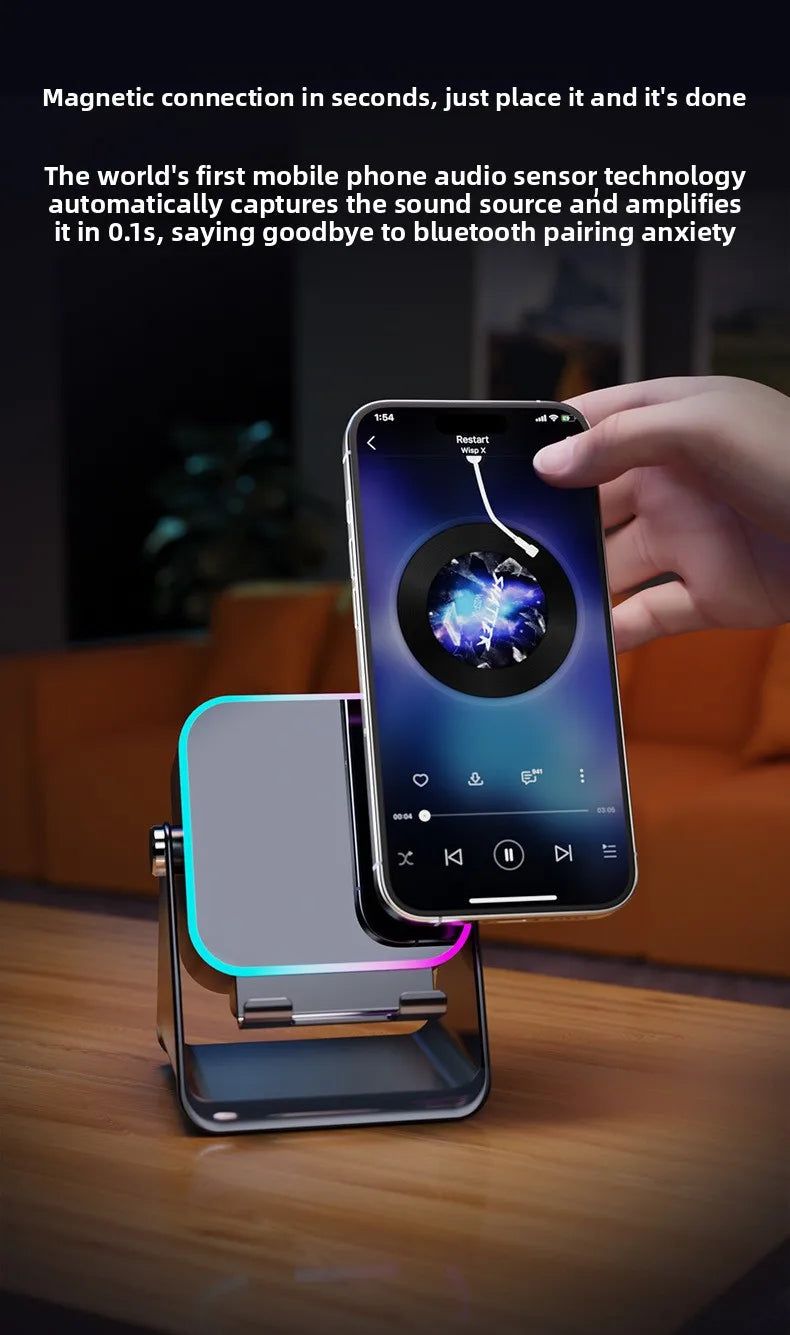 NEW 5 in 1 Auto-induction Wireless Induction Speaker 8 Mode RGB Light Phone Stand Surround Sound Portable Bluetooth Phone Holder