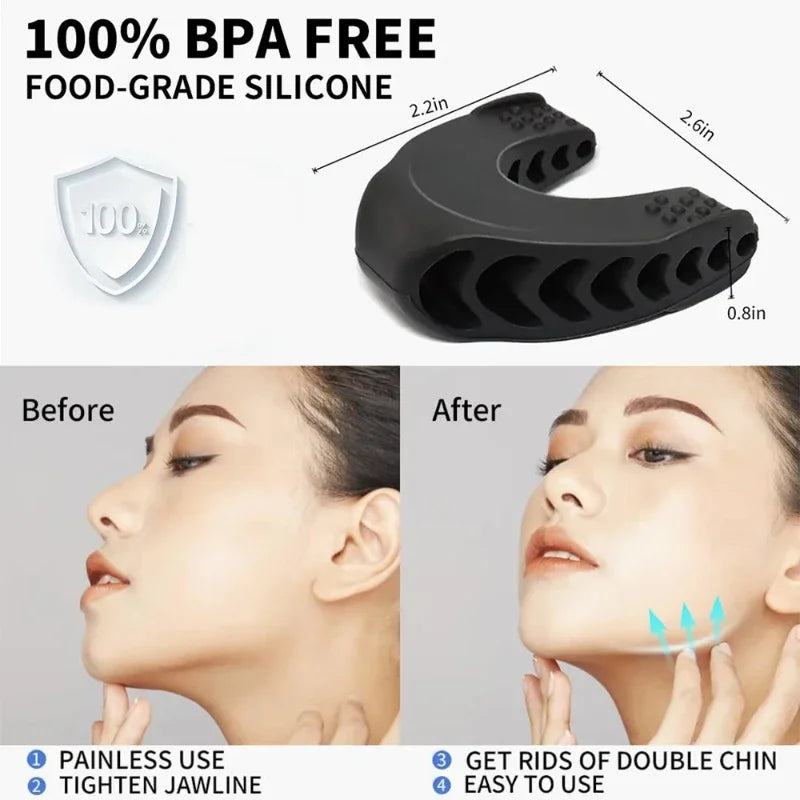 Black U-shaped silicone jawline exerciser, 2.6x2.2 inches, used for facial muscle toning and jawline definition.