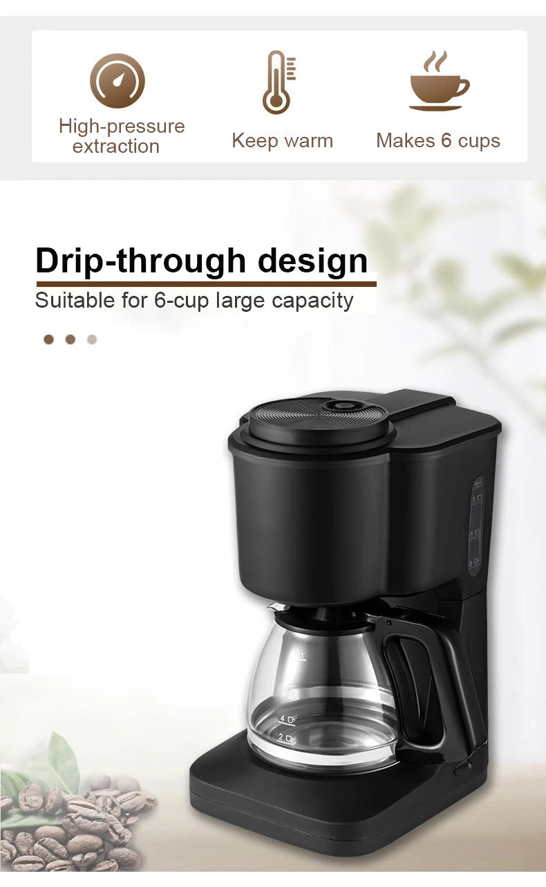 Black 6-cup drip coffee maker with glass carafe, high-pressure extraction, and keep-warm function.