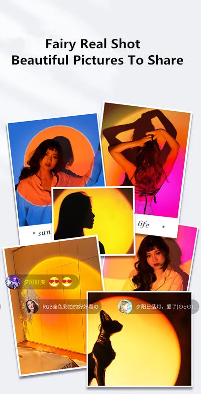 Collage of photos showing a round sunset projection lamp creating colorful, atmospheric lighting for portraits.
