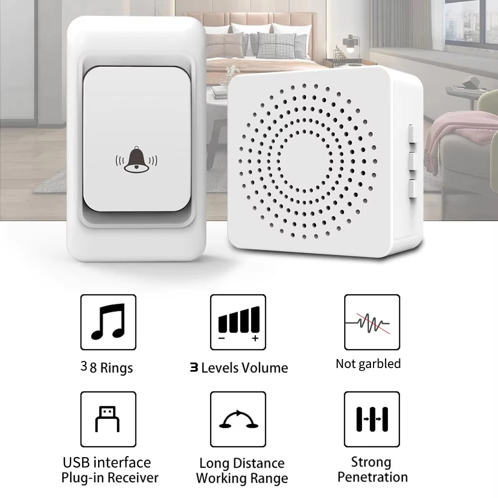 USB Doorbell - Wireless Home Smart Ultra-Long-Range Remote Control Doorbell - USB Power Supply - Elderly Call Reminder Device