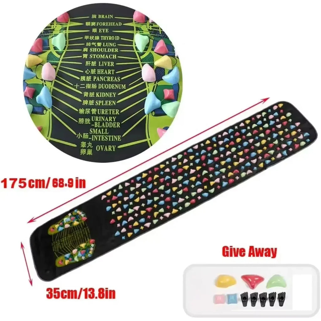 175cm reflexology acupressure foot massage pad with colorful pressure stones and body organ reflex points chart.