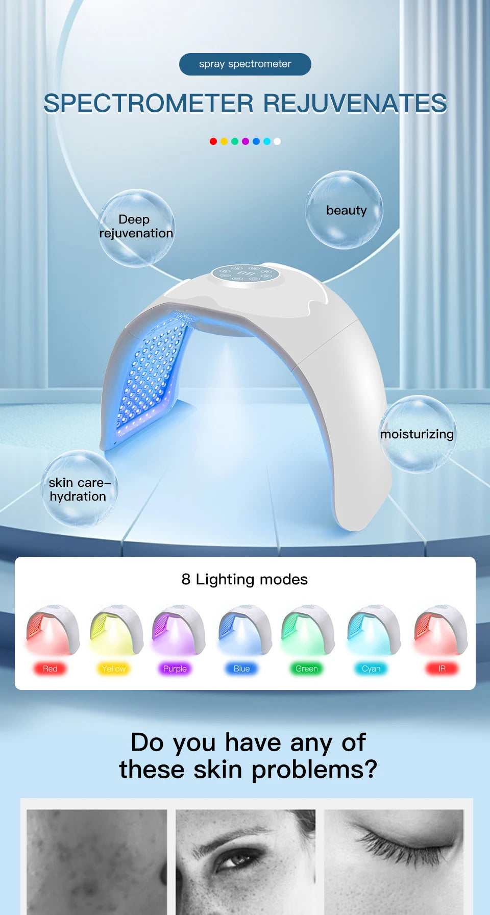 8 Colors Nano Spray LED Photon Skin Moisturizing PDT Mask Red Light Therapy Hydrotherapy Acne Wrinkle Remove Skin Care Spa Tools