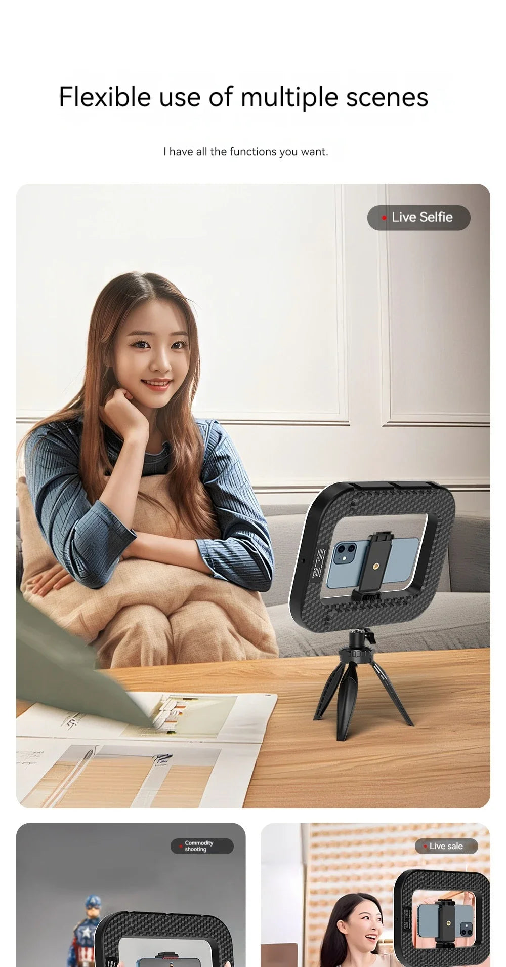 Black square ring light on a small tripod with a smartphone mount, used for live streaming and product photography.