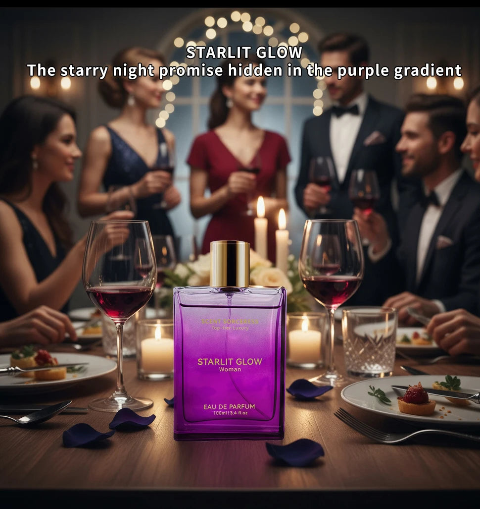 Starlit Glow by Scent Sorceress 100ml floral EDP. Rectangular purple glass perfume bottle for women, elegant design.