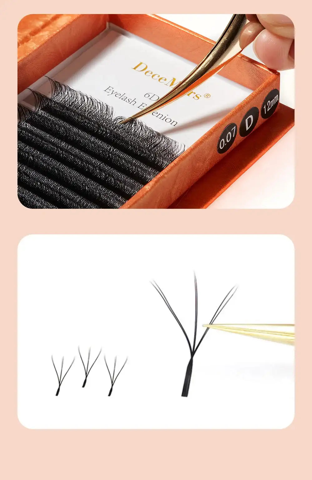 DeceMars 6D-W shaped black eyelash extensions in an orange box, shown being applied with gold tweezers.