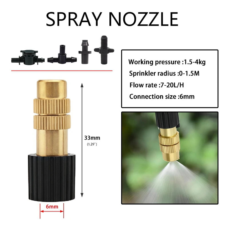 Adjustable brass mist nozzle tee connector with black body; mist spray outlet detail