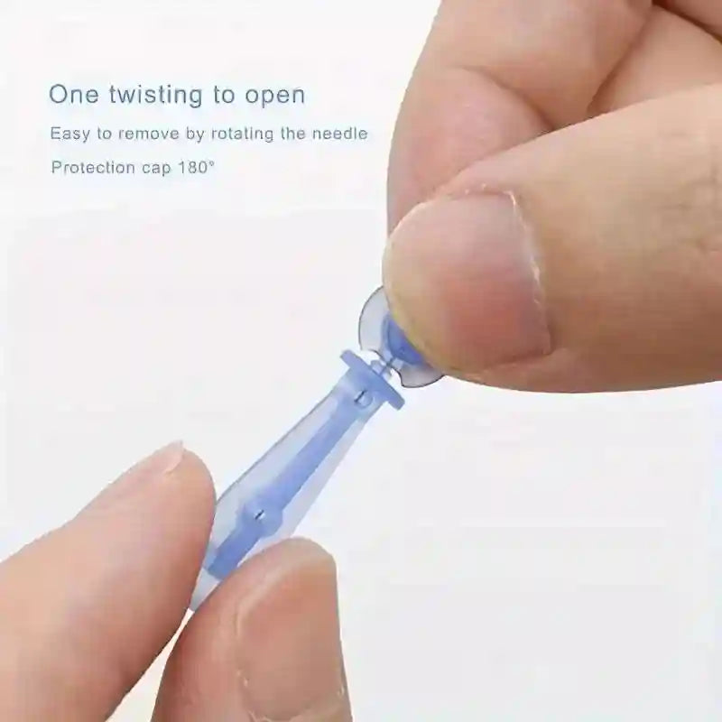 Fingers twisting a blue plastic protective cap off a stainless steel disposable acne needle.