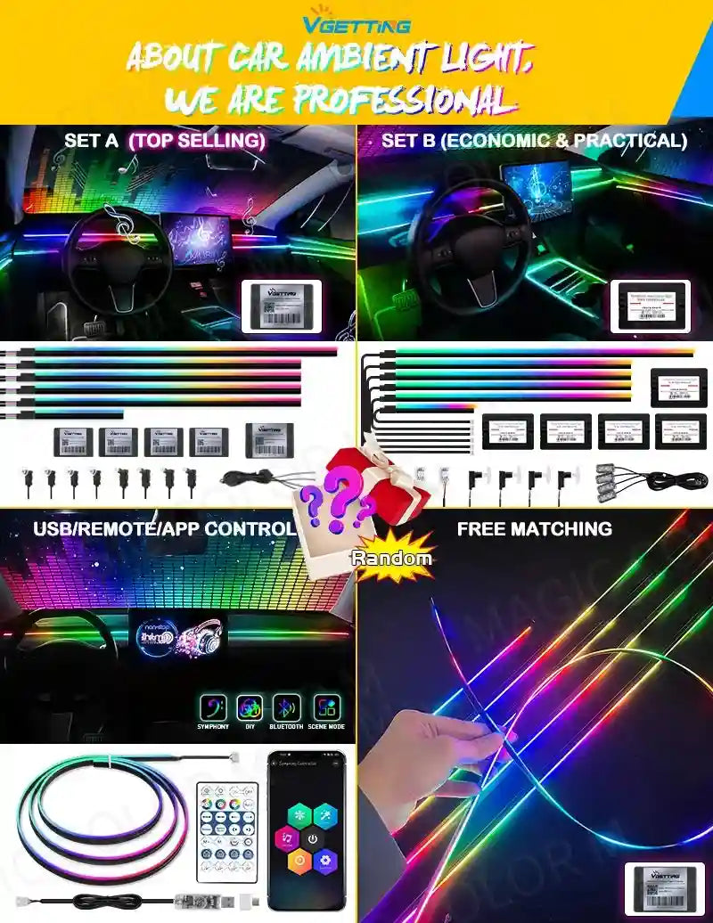 Multicolor RGB LED car ambient lighting strips with remote and app control for interior decoration.