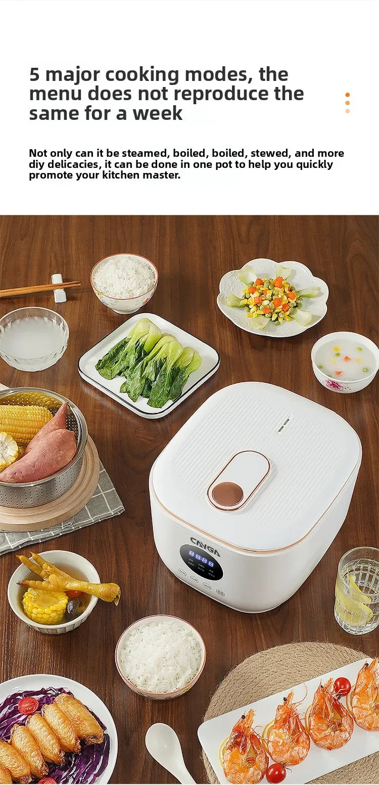White mini electric rice cooker in kitchen with multiple prepared meal bowls nearby