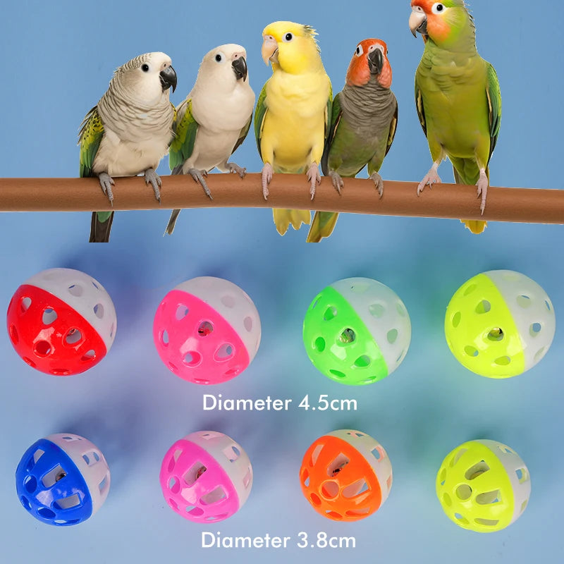 10 colorful, hollow bell balls for parrots. Durable chew toys in two sizes for interactive bird enrichment and play.
