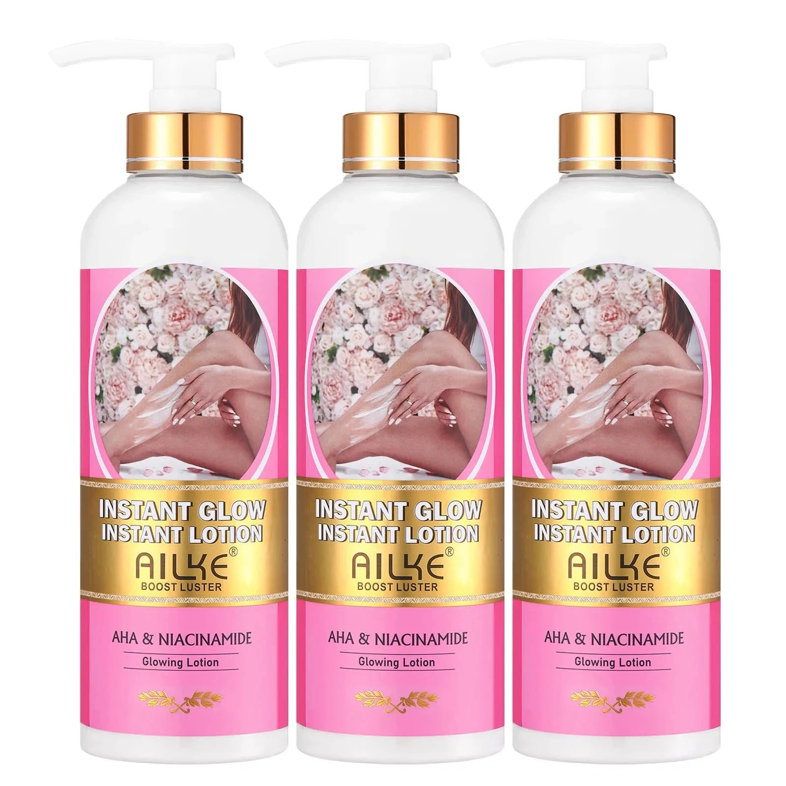 AILKE Instant Glow Skin Brightening Lotion with AHA & Niacinamide in 3 pump bottles for dark spots and acne removal.