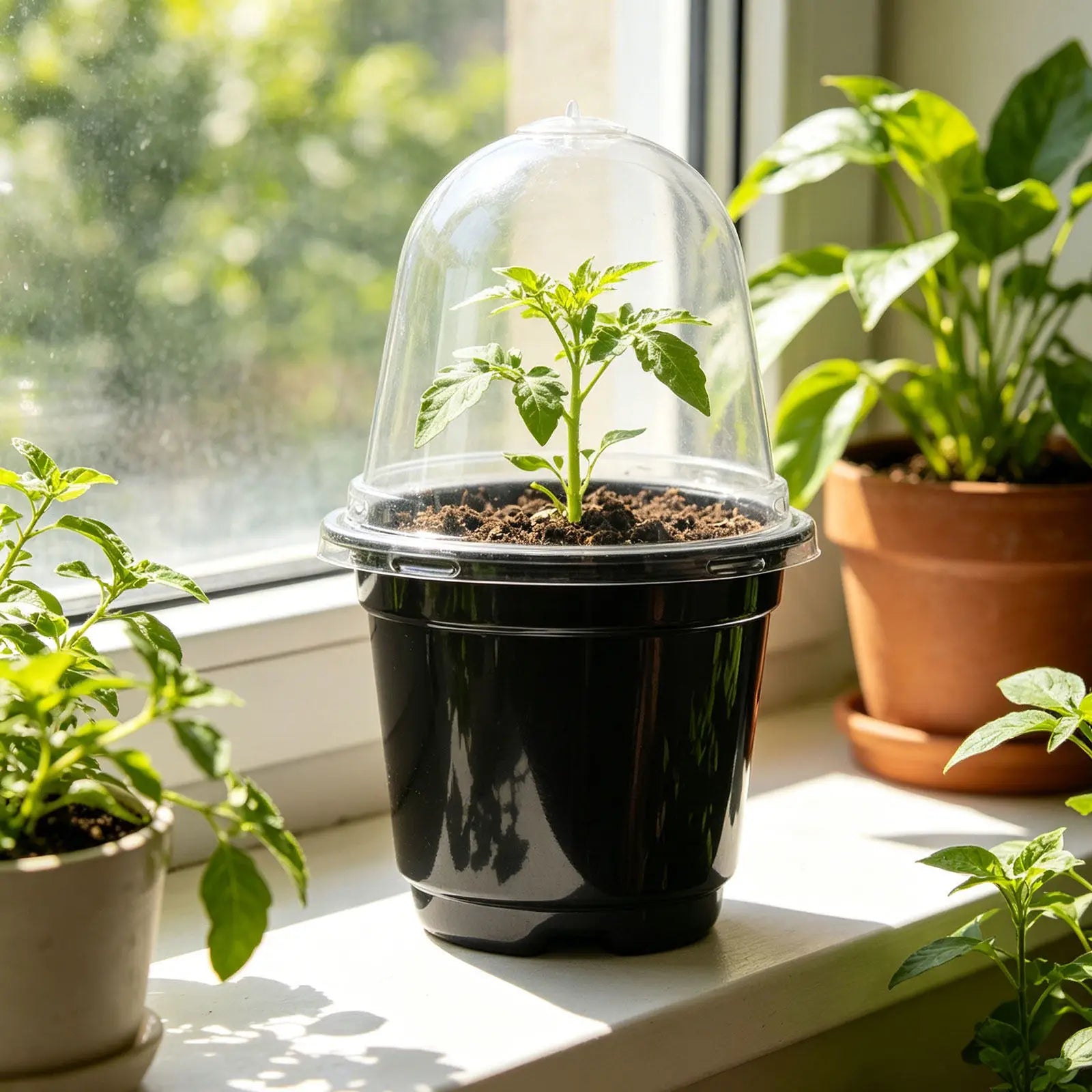 Green seedlings in black nursery cups with clear dome lids for indoor use