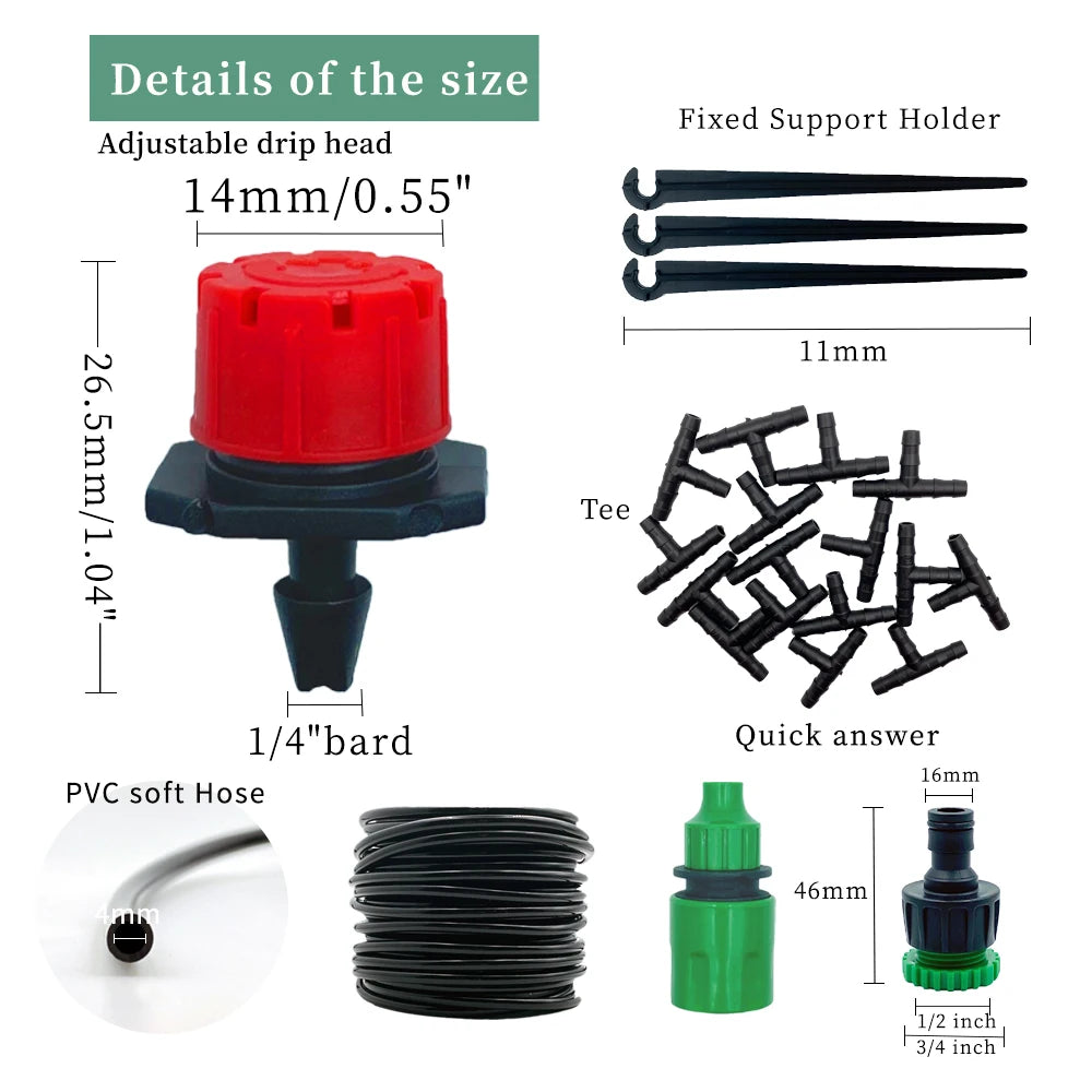 Adjustable drip head and micro hose size details: red nozzle, green adapter, tees, supports