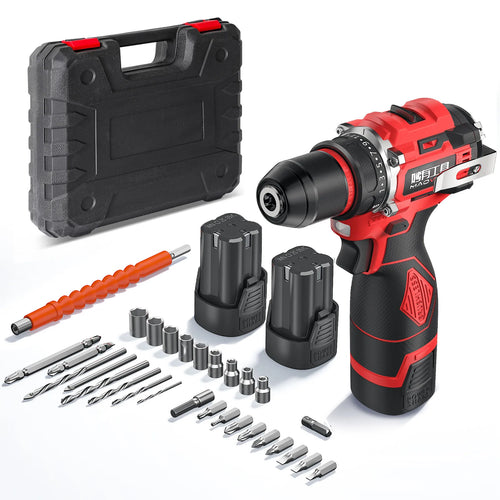 Cordless impact screwdriver kit with red drill, black case, two batteries, bits and accessories
