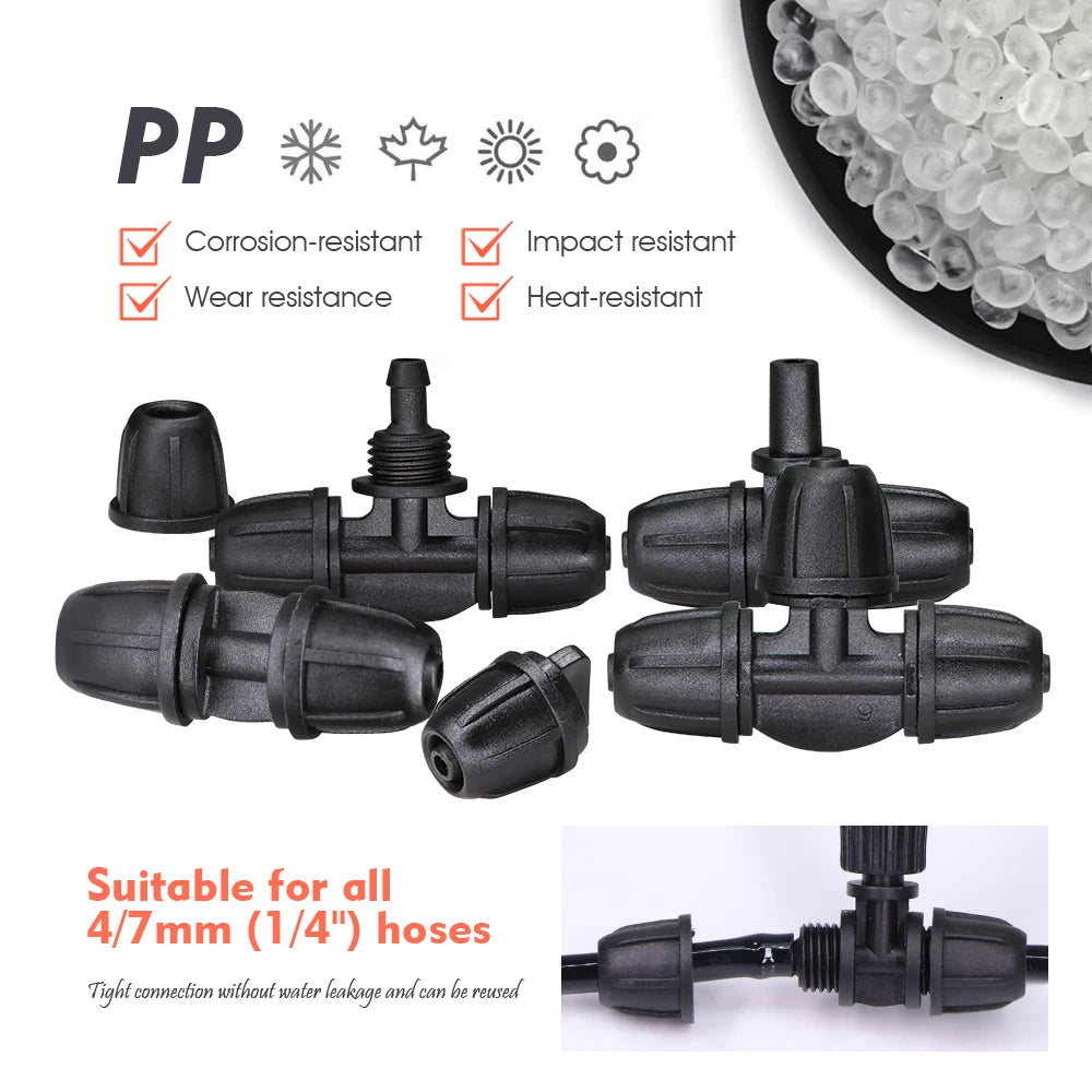 Black plastic misting T-sprayer fittings with brass connector tips for garden hose