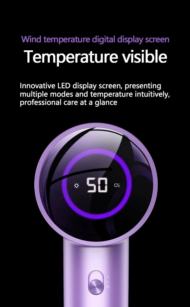 High-speed purple ionic hairdryer featuring a digital LED temperature display screen for precise heat control.