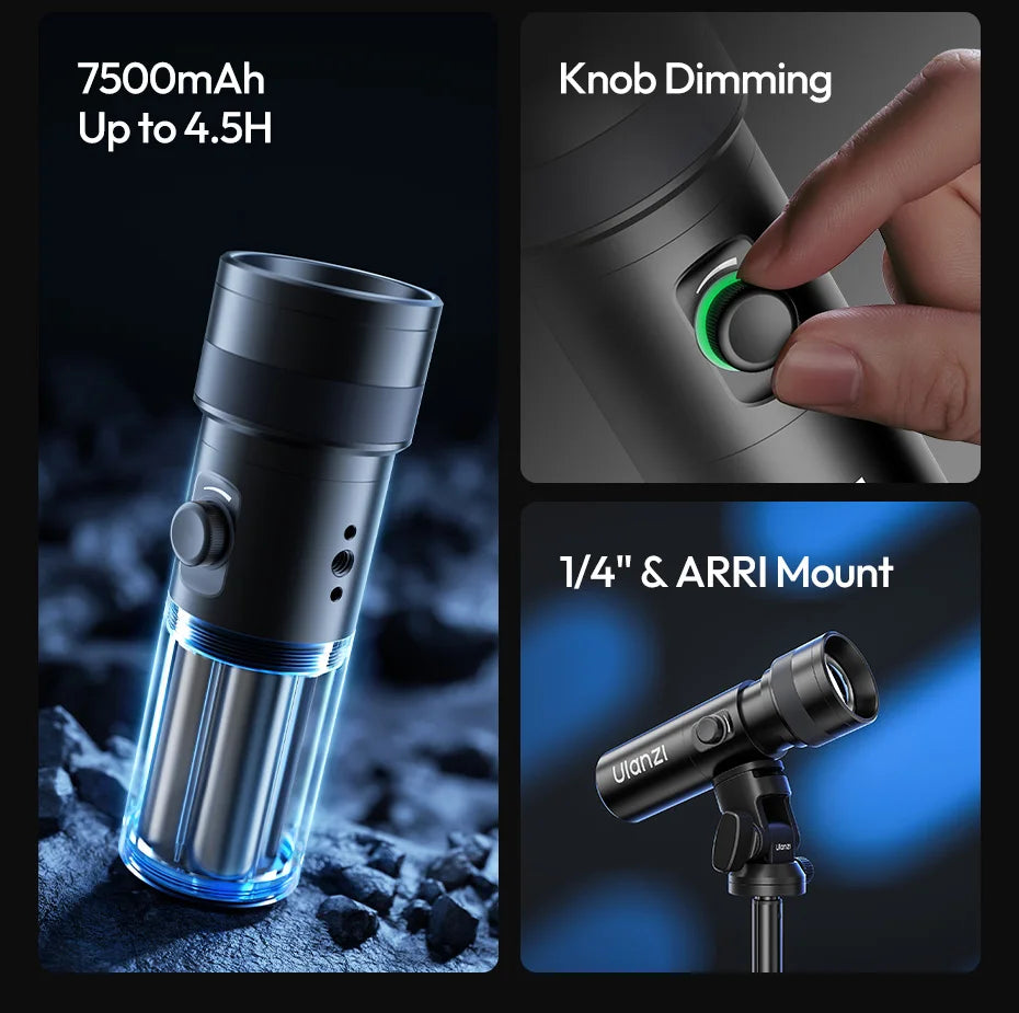 Black cylindrical LED video light with a dimming knob, 1/4" mount, and 7500mAh battery for handheld or tripod use.