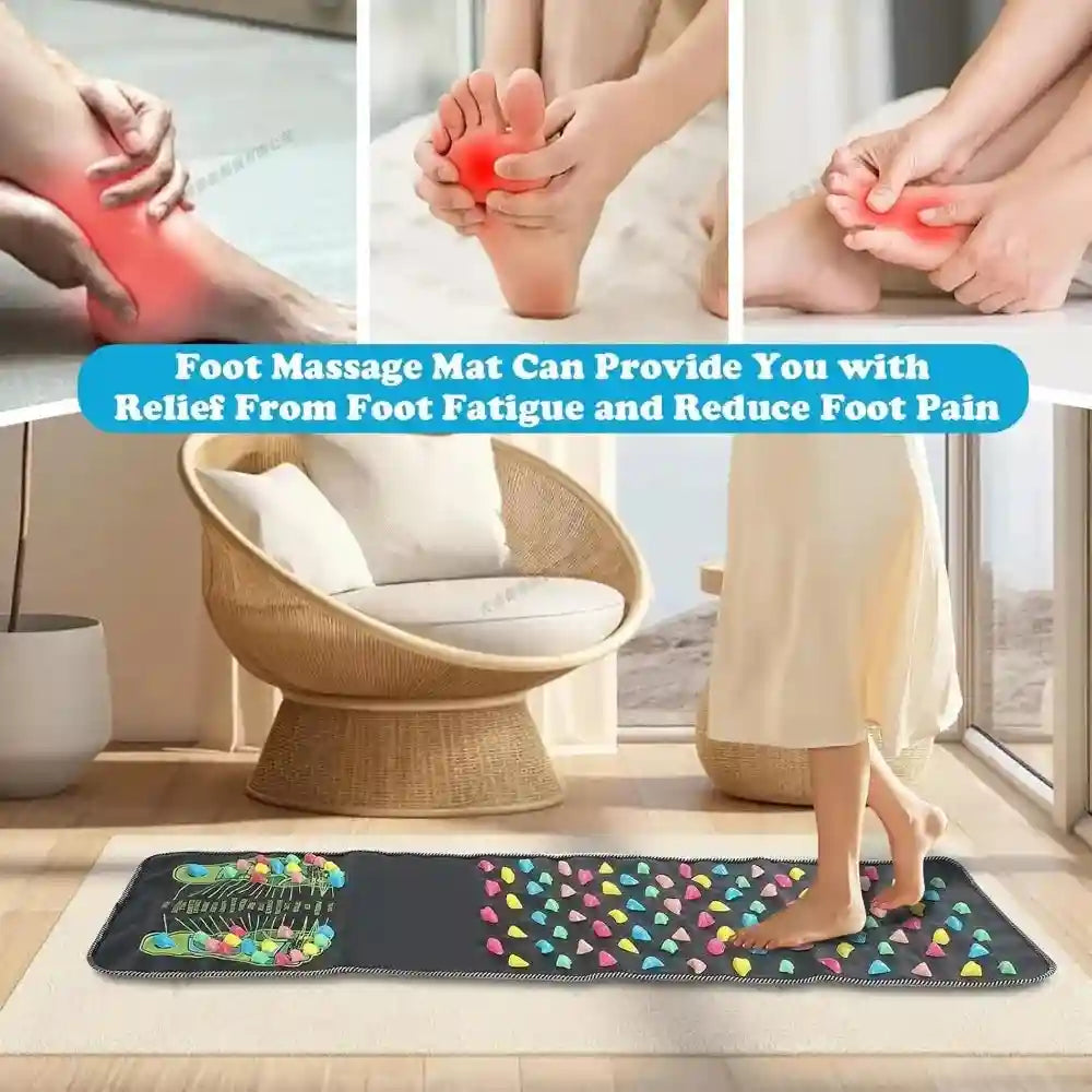 Person standing on a black reflexology foot massage mat with colorful stone-like acupressure nodes for pain relief.