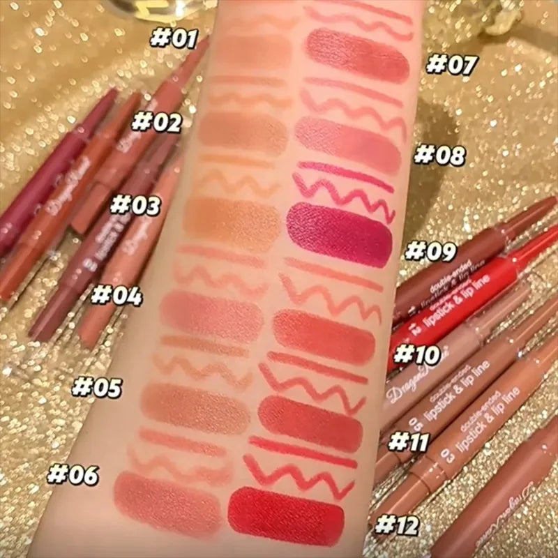 Dual-ended waterproof matte lipstick and lip liner pencils with color swatches in nude to rose red shades on an arm.