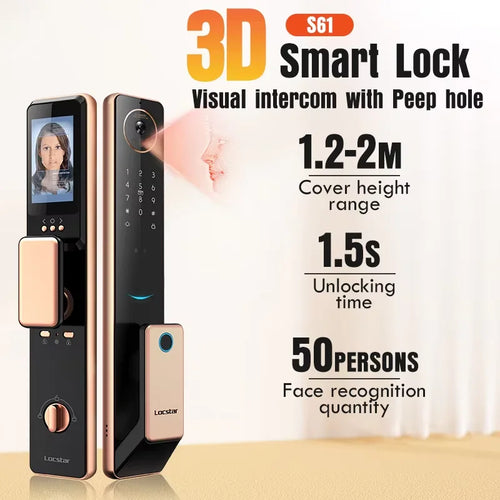 Gold and black smart visual intercom door lock with keypad, screen, and side access module