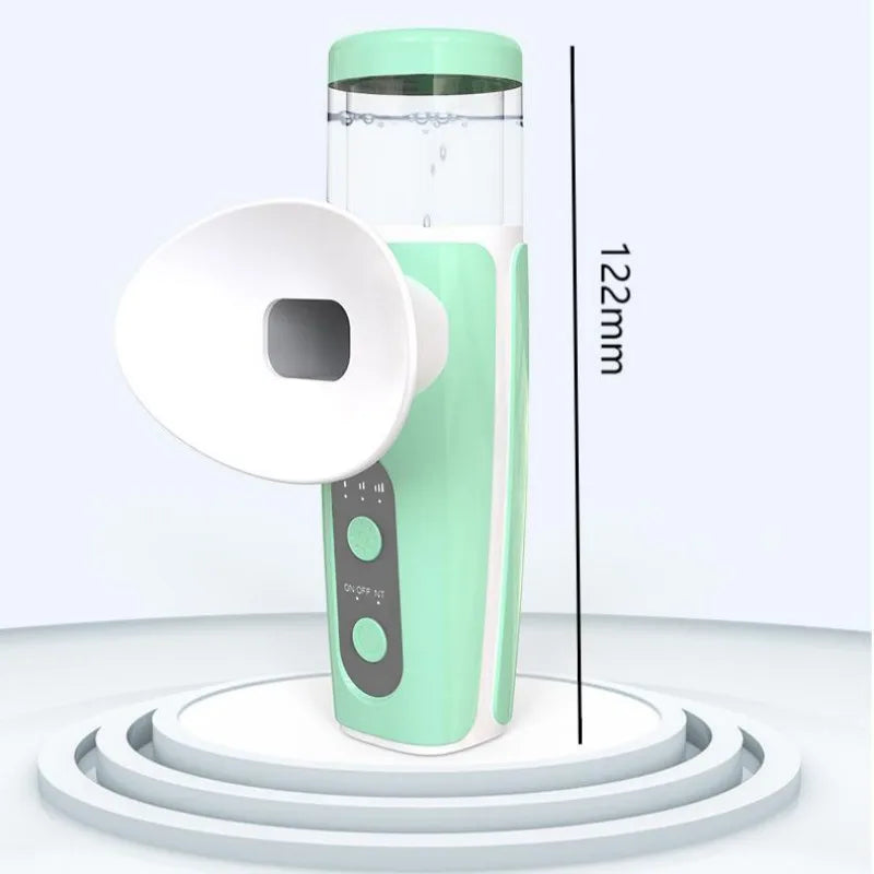 Portable green USB rechargeable hot and cold mist eye moisturizing device with water tank and white eye mask cup.