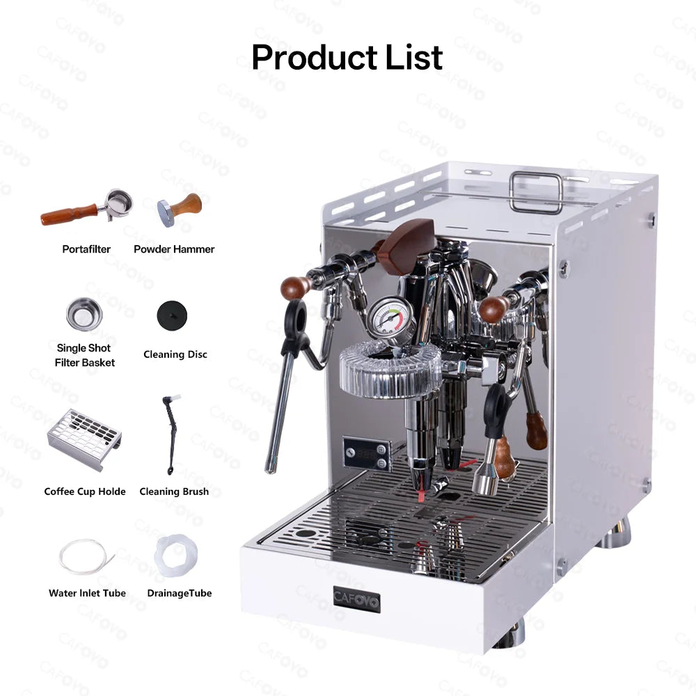 Cafovo stainless steel manual espresso machine with wooden handle, pressure gauge, and professional barista accessories.