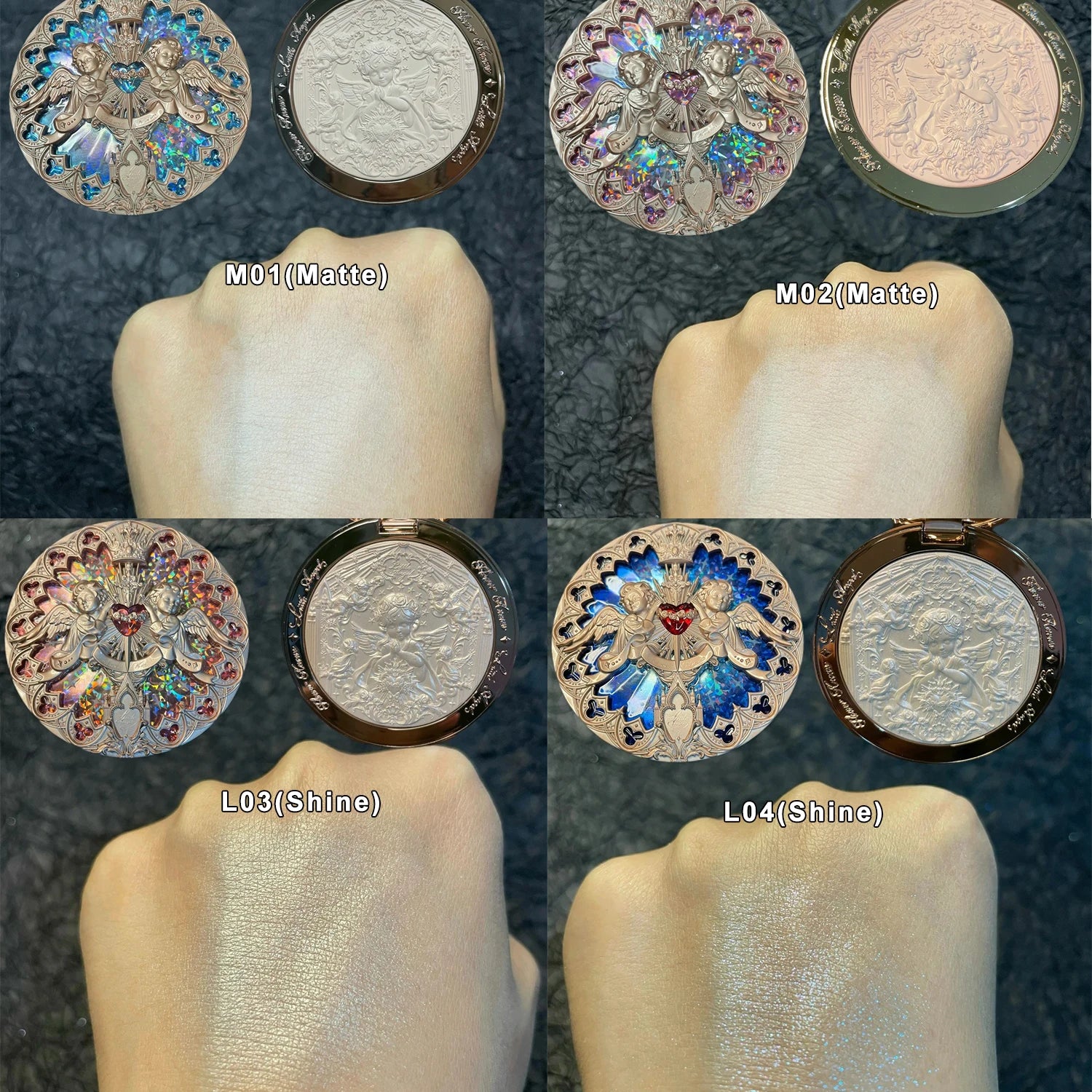 Tidesmit Flower Knows Little Angel embossed face highlighter palette texture close-up showing diamond glitter finish