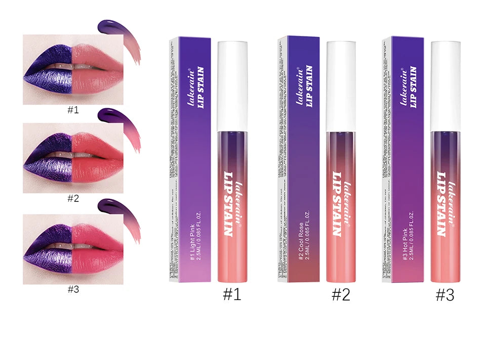 Long-lasting waterproof peel-off lip stain tubes in pink, rose, and hot pink shades for a transfer-proof matte finish.